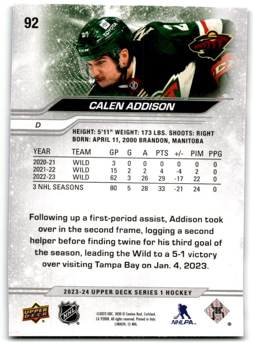 2023-24 Upper Deck Calen Addison Minnesota Wild #92