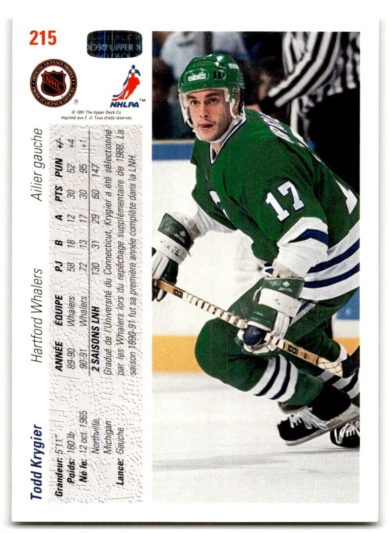 1991-92 Upper Deck French Todd Krygier Hartford Whalers #215