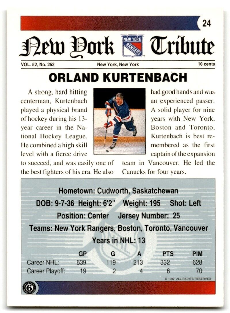 1991-92 Ultimate Original 6 Orland Kurtenbach New York Rangers #24