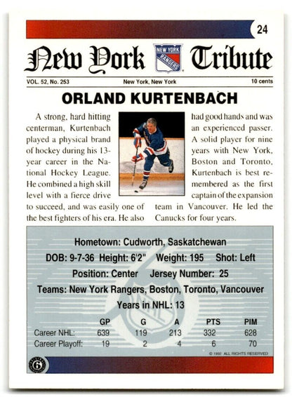 1991-92 Ultimate Original 6 Orland Kurtenbach New York Rangers #24