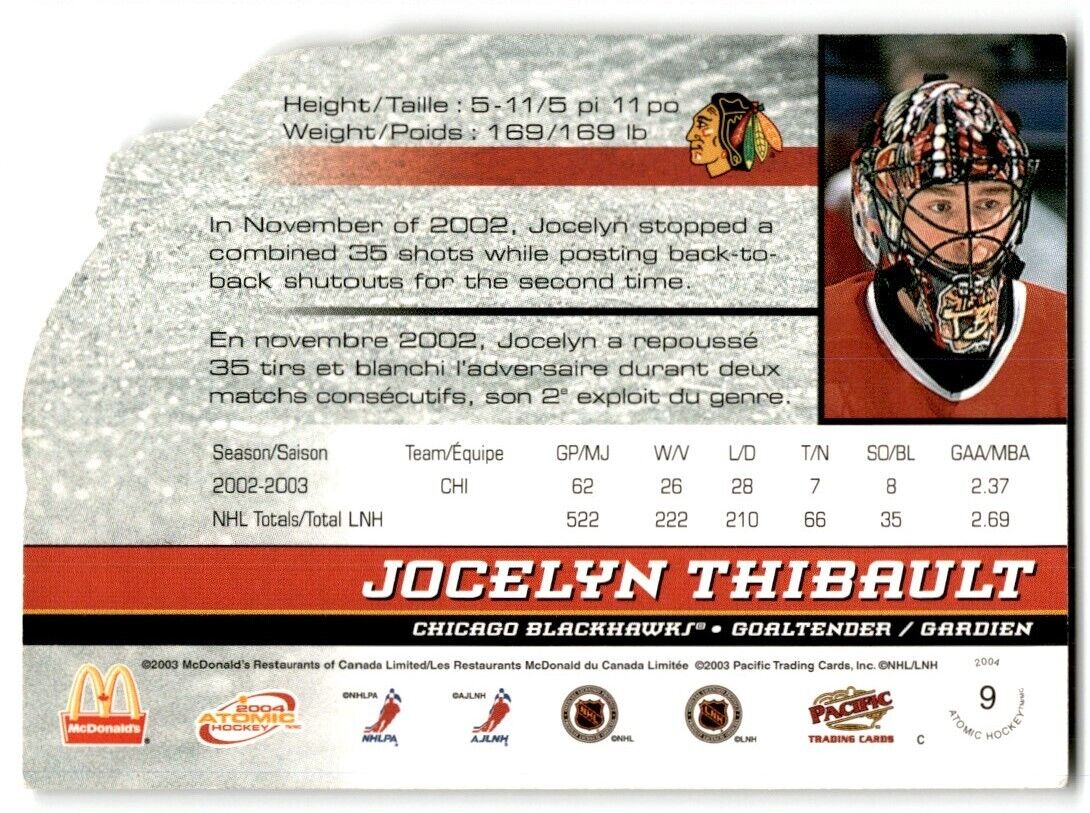 2003-04 Pacific McDonald's Jocelyn Thibault Chicago Blackhawks #9