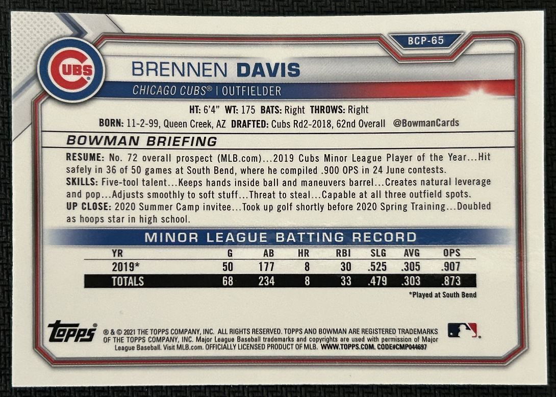 2021 Bowman Chrome Prospects Mojo Refractor Brennen Davis Chicago Cubs #BCP-65