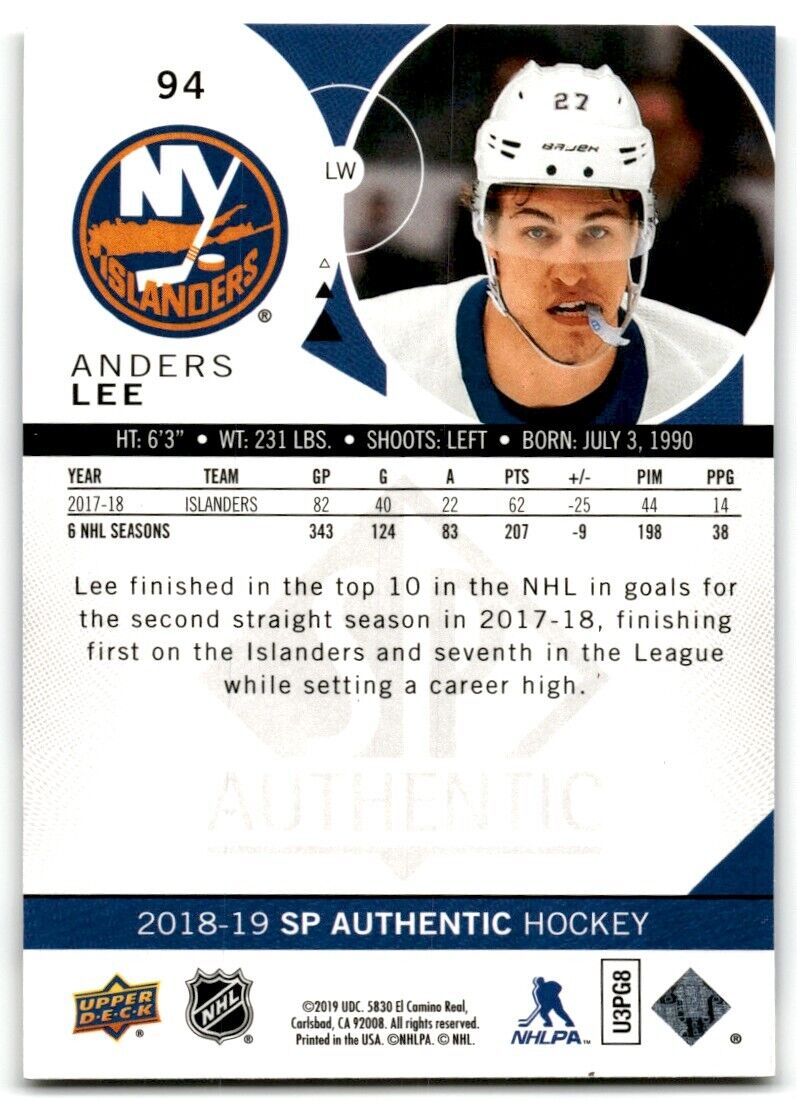 2018-19 SP Authentic Anders Leetch New York Islanders #94