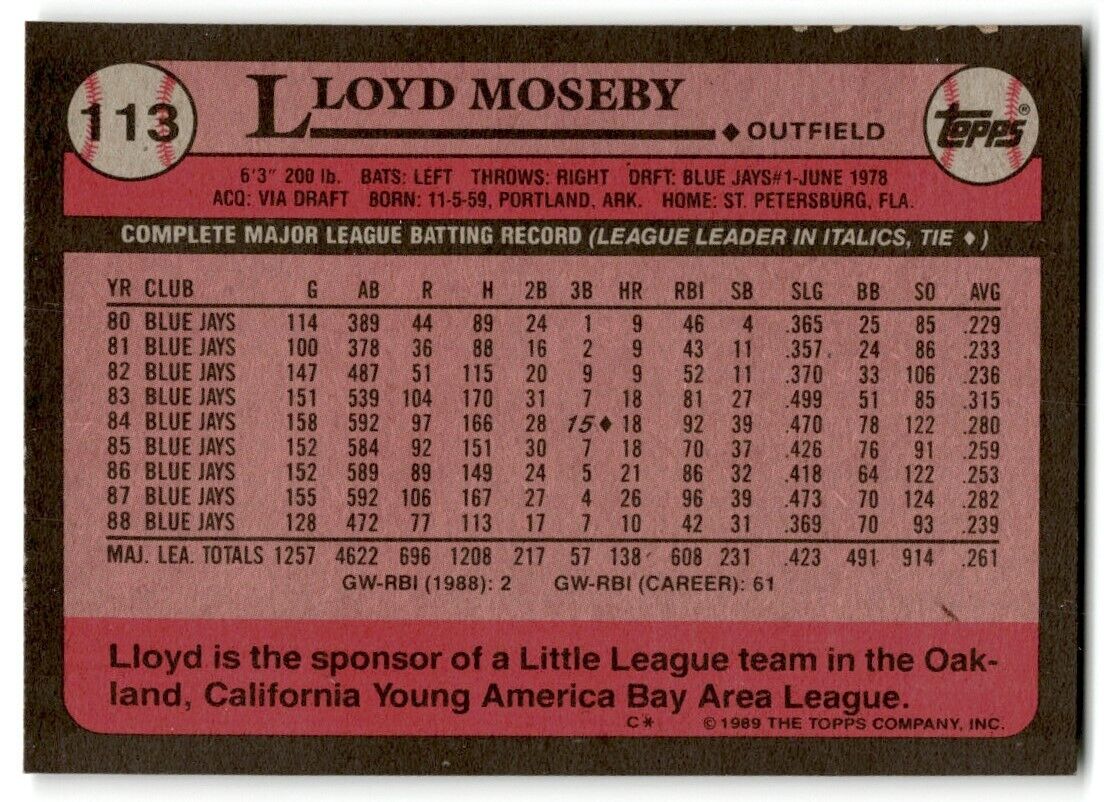 1989 Topps Lloyd Moseby Toronto Blue Jays #113