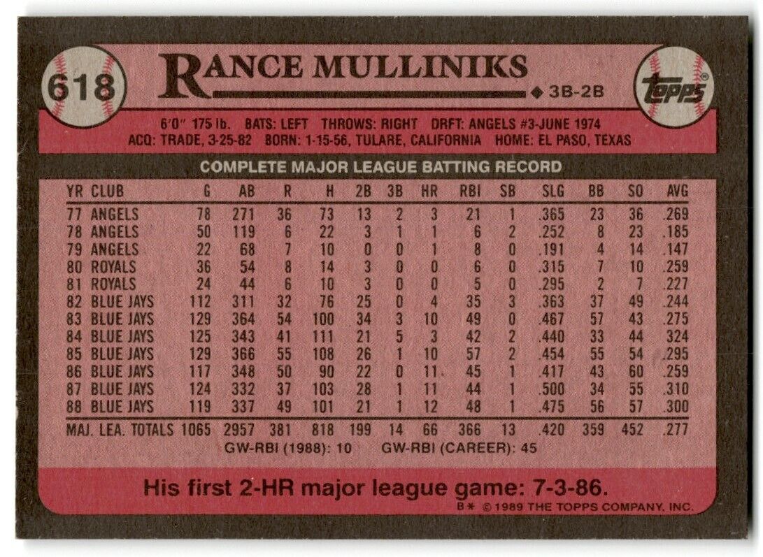 1989 Topps Rance Mulliniks Toronto Blue Jays #618