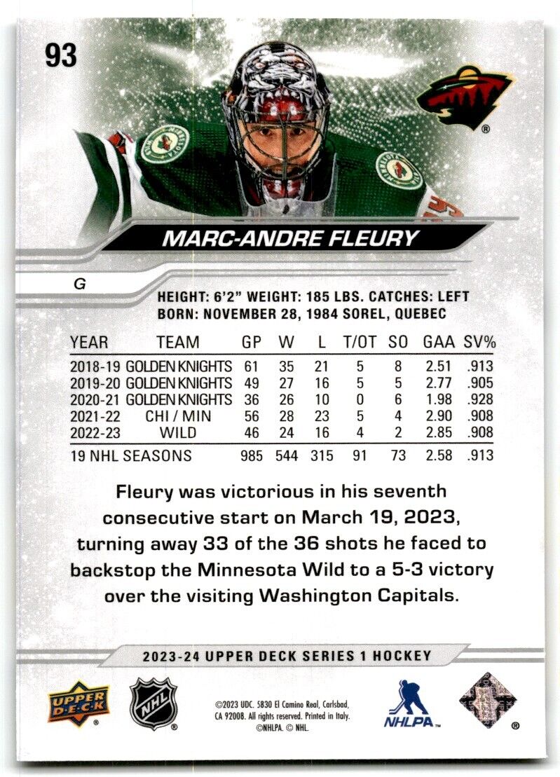 2023-24 Upper Deck Marc-Andre Fleury Minnesota Wild #93