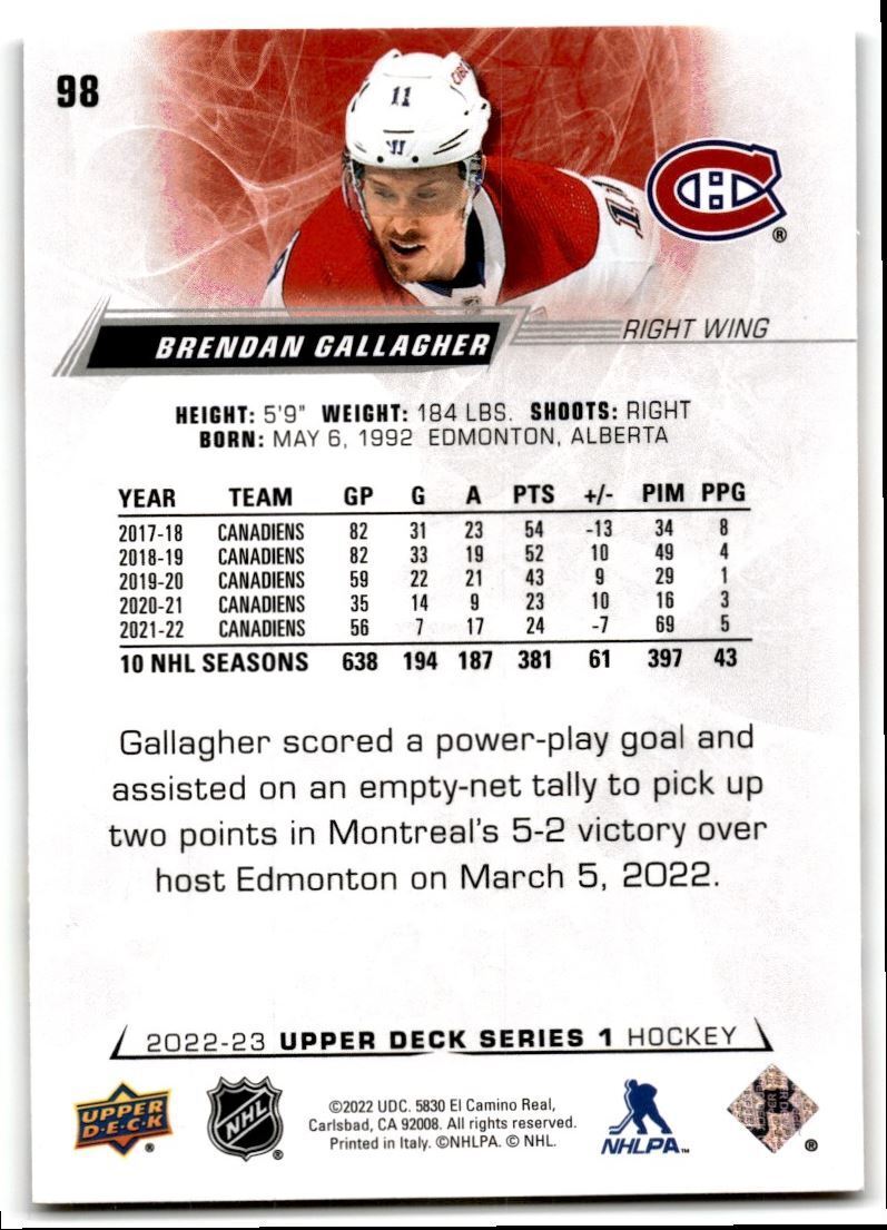 2022-23 Upper Deck Brendan Gallagher Montreal Canadiens #98