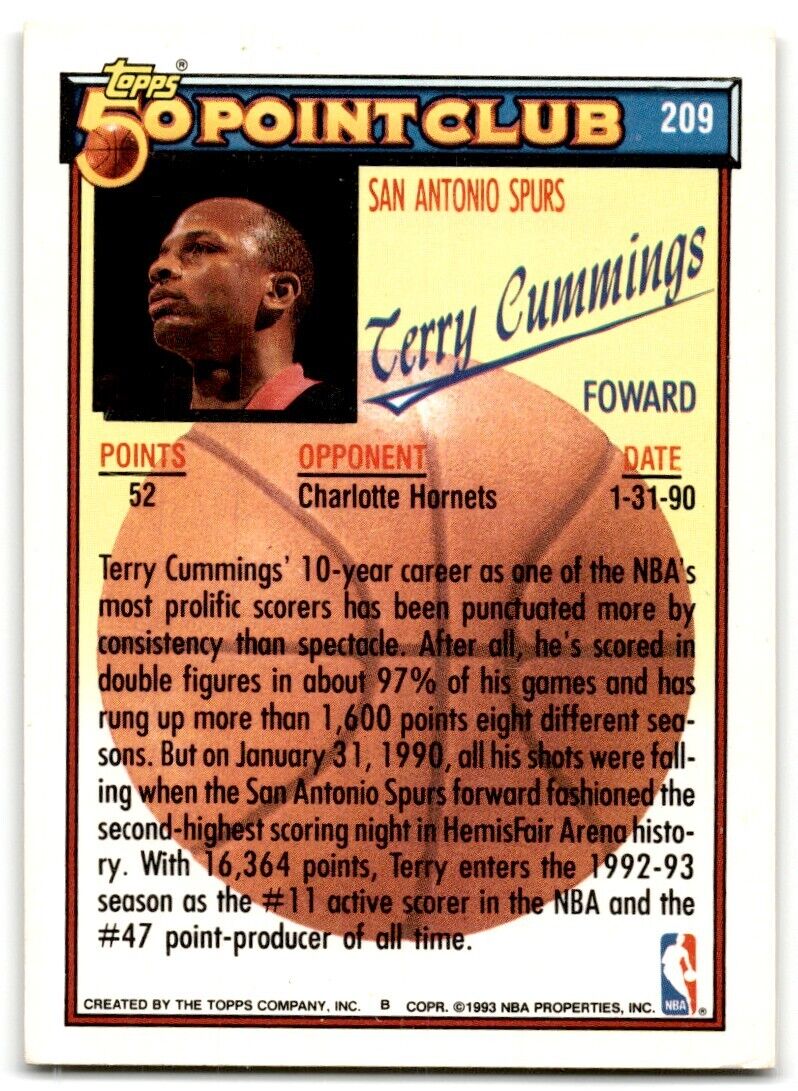 1992-93 Topps 50 points club Terry Cummings San Antonio Spurs #209