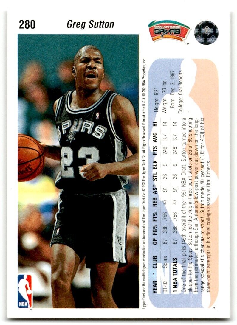 1992-93 Upper Deck Greg Sutton San Antonio Spurs #280