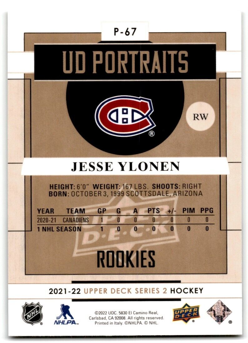 2021-22 Upper Deck UD Portraits Jesse Ylonen Montreal Canadiens #P-67