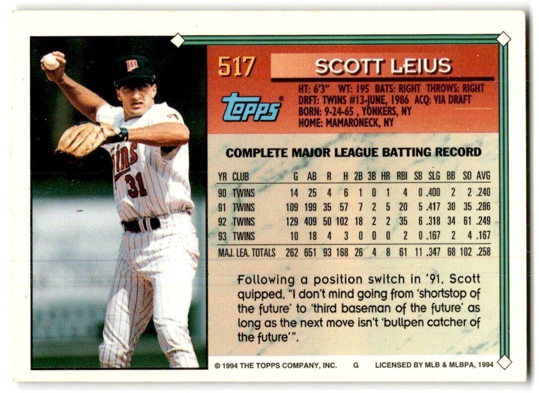 1994 Topps Scott Leius Minnesota Twins #517