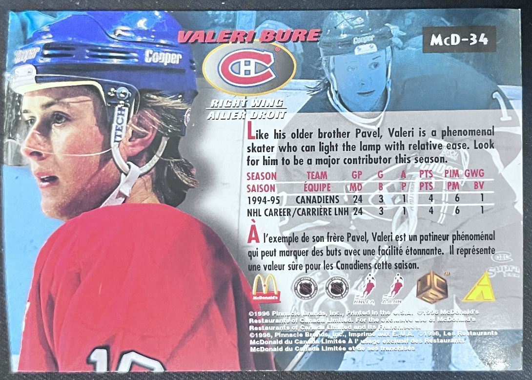 1995-96 Pinnacle McDonald's Game Winners Valeri Bure Montreal Canadiens #MCD-34