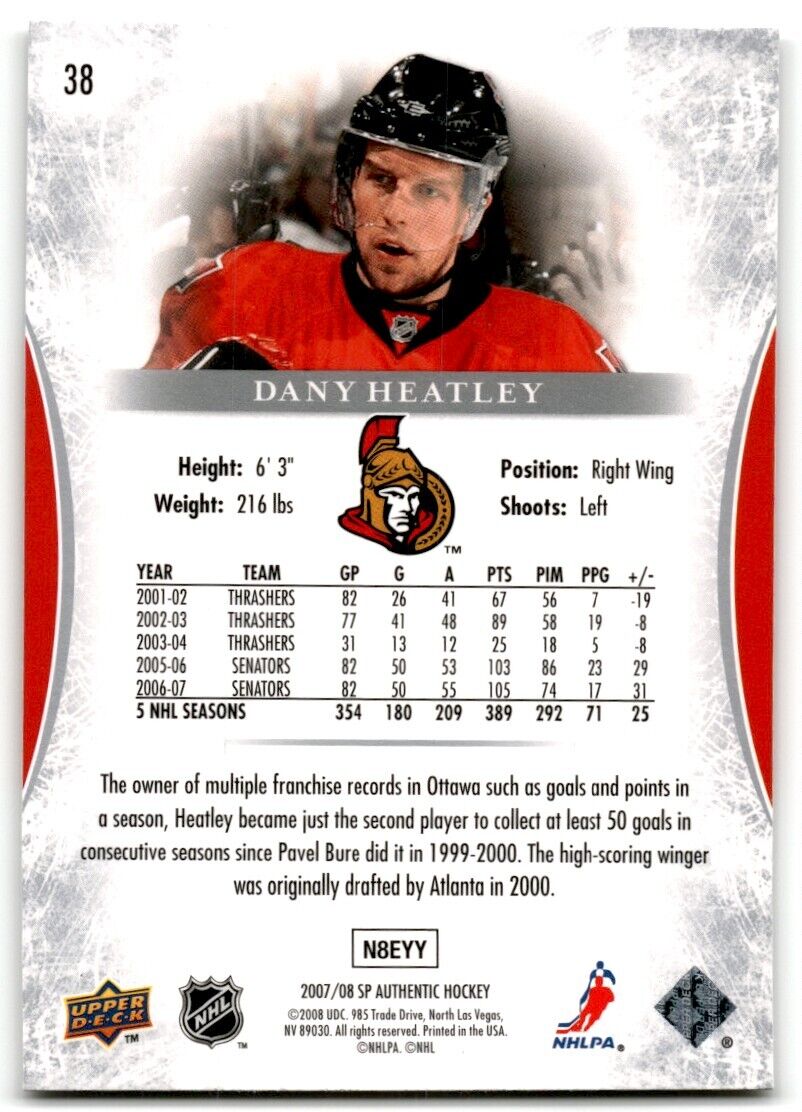 2007-08 SP Authentic Dany Heatley Ottawa Senators #38