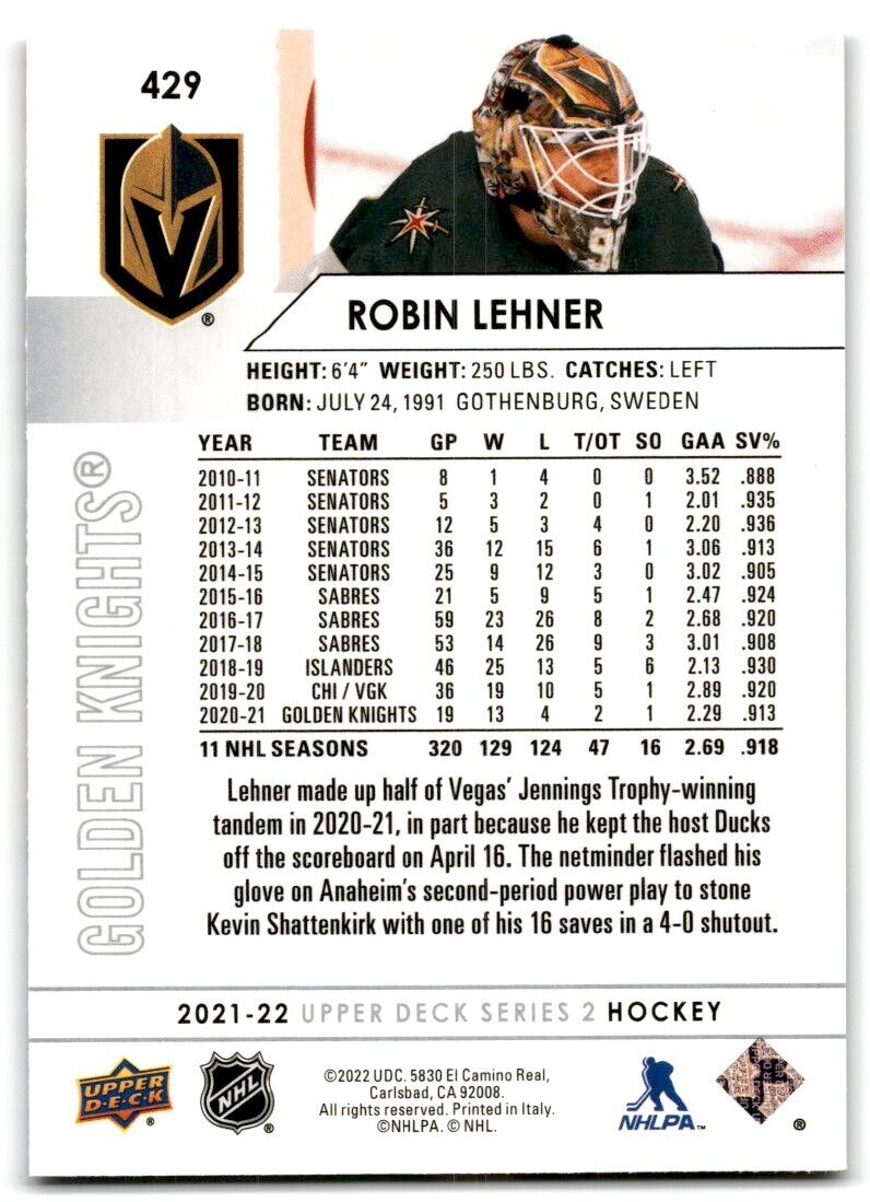 2021-22 Upper Deck Robin Lehner Vegas Golden Knights #429