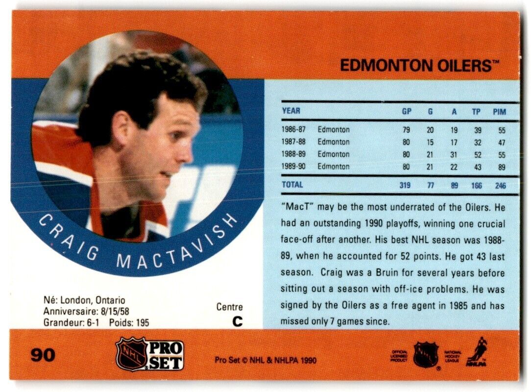 1990-91 Pro Set Craig MacTavish Edmonton Oilers #90