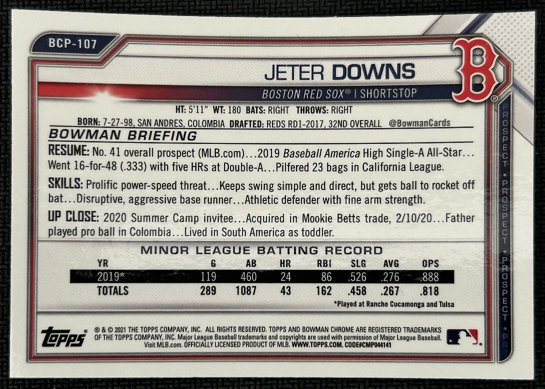 2021 Bowman Chrome Prospects Jeter Downs Boston Red Sox #BCP-107