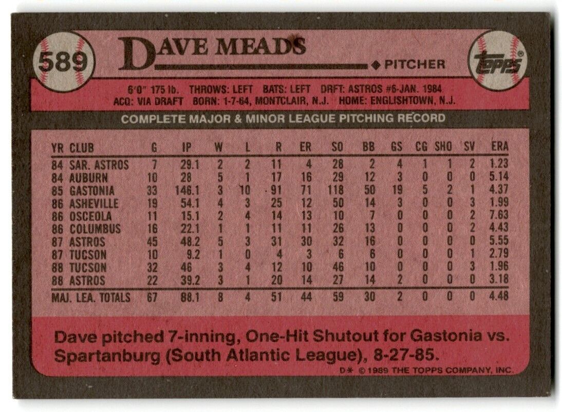 1989 Topps Dave Meads Houston Astros #589