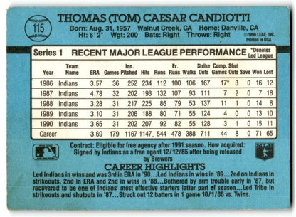 1991 Donruss Tom Candiotti Cleveland Indians #115