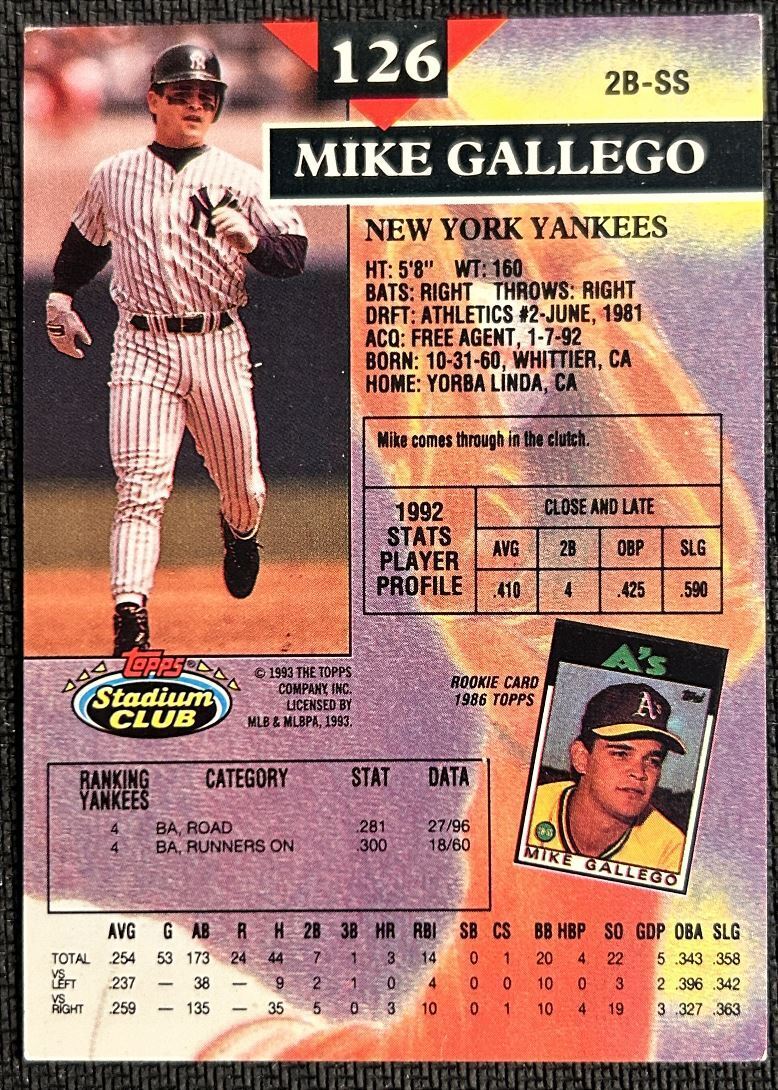 1993 Topps Stadium Club Mike Gallego New York Yankees #126