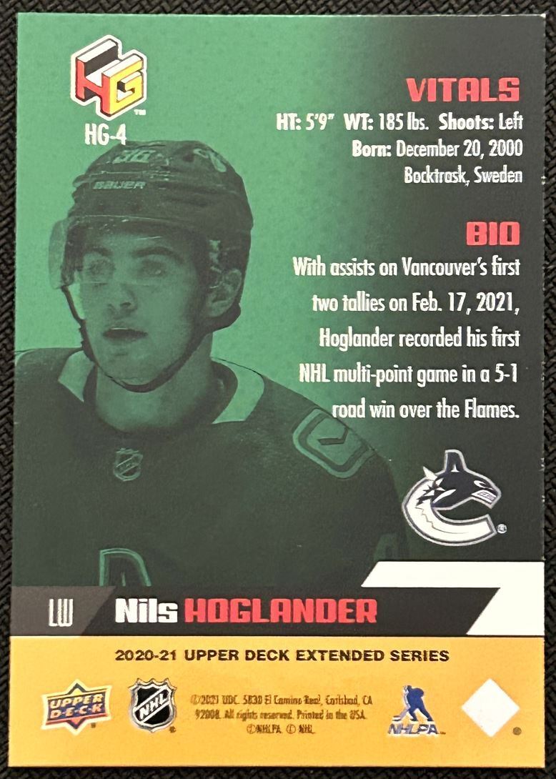 2020-21 Upper Deck HoloGrFx Rookies Nils Hoglander Vancouver Canucks #HG-4