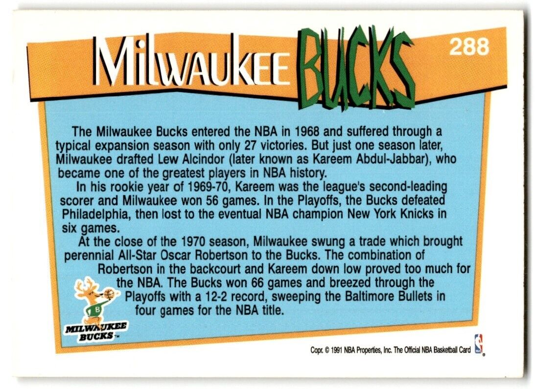 1991-92 Hoops Milwaukee Bucks Milwaukee Bucks #288