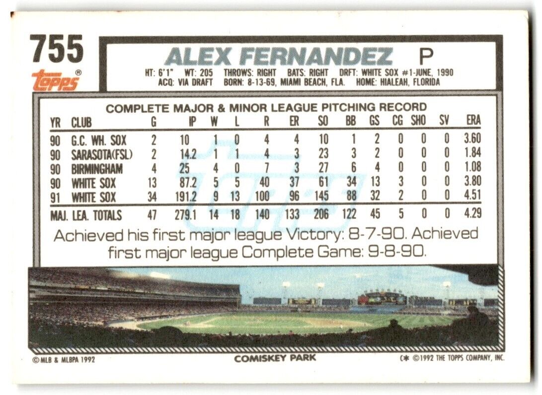 1992 Topps Alex Fernandez Chicago White Sox #755