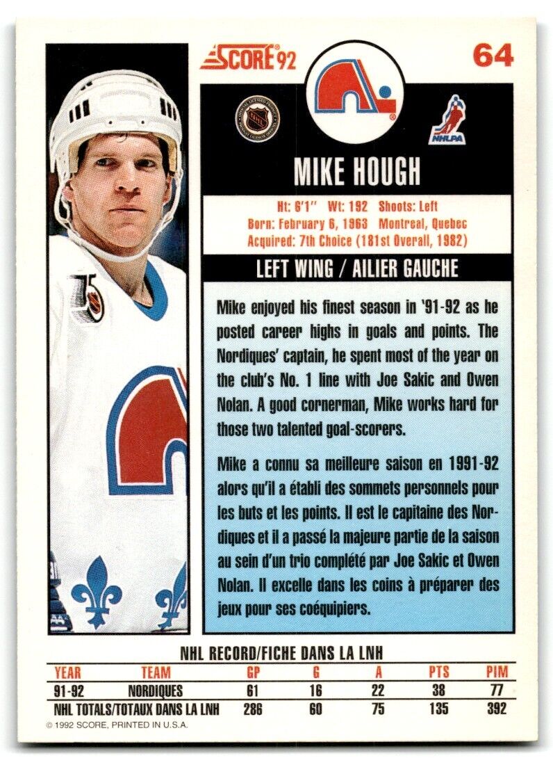 1992-93 Score Mike Hough Quebec Nordiques #64