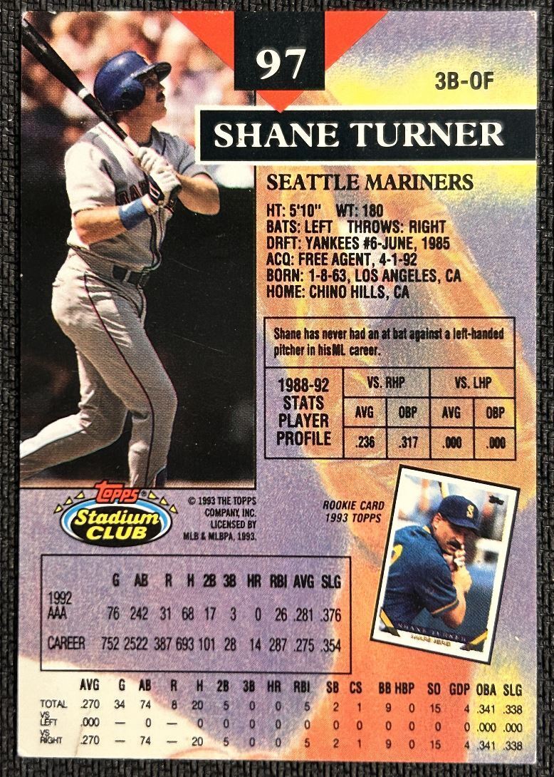 1993 Stadium Club Shane Turner Seattle Mariners #97