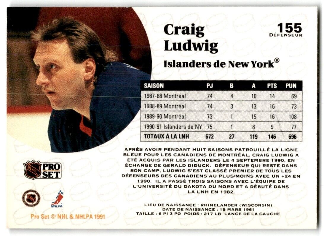 1991-92 Pro Set Craig Ludwig Minnesota North Stars #155