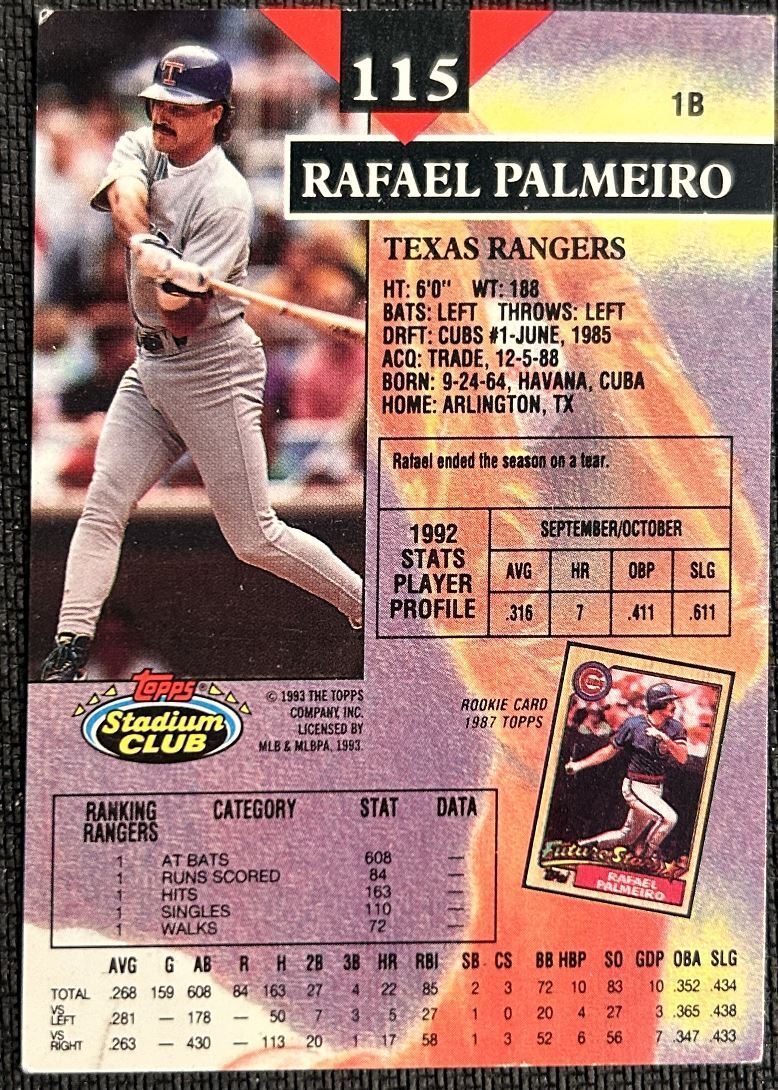 1993 Topps Stadium Club Rafael Palmeiro Texas Rangers #115