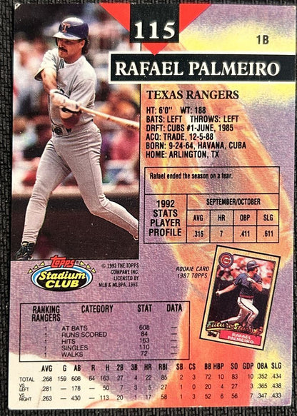 1993 Topps Stadium Club Rafael Palmeiro Texas Rangers #115