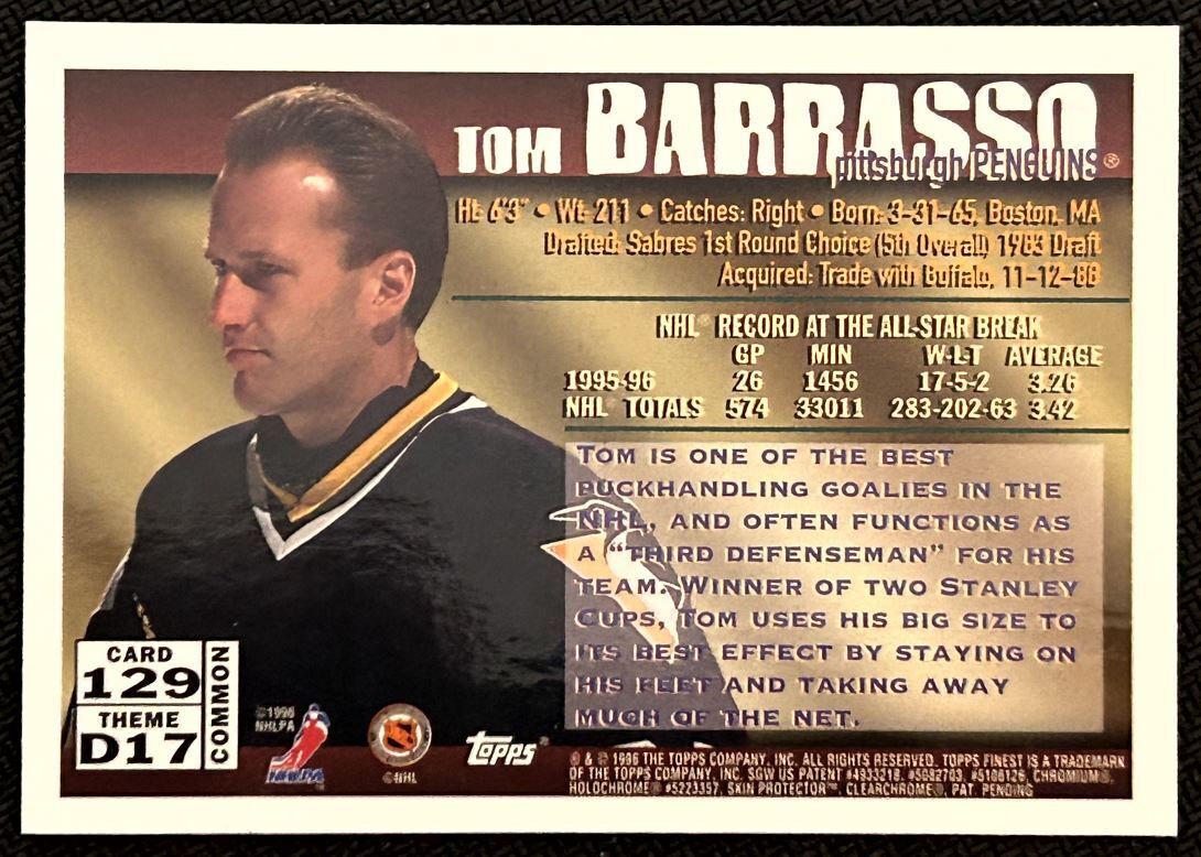 1995-96 Finest Tom Barrasso Pittsburgh Penguins #129