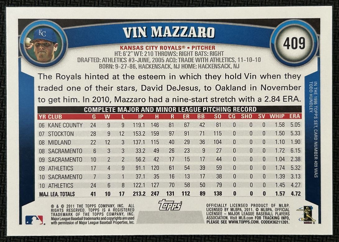 2011 Topps Vin Mazzaro Kansas City Royals #409