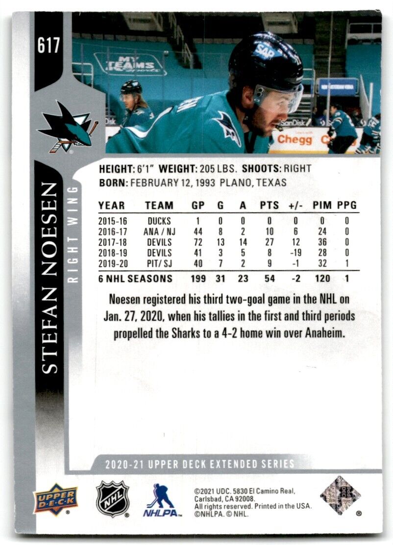 2020-21 Upper Deck Stefan Noesen San Jose Sharks #617