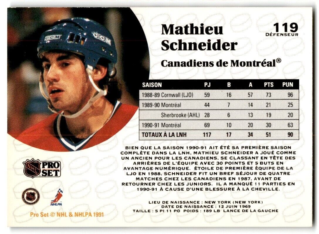 1991-92 Pro Set Mathieu Schneider Montreal Canadiens #119