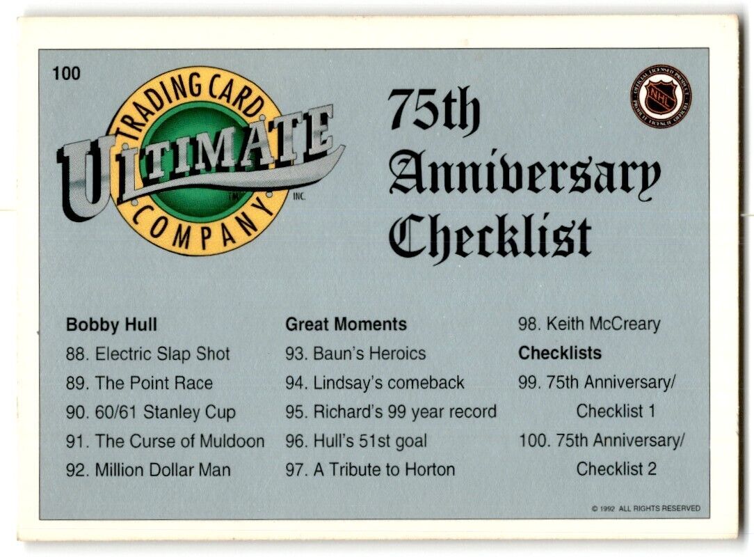 1992-93 Classic 75th Anniversary Checklist 2 NHL #100