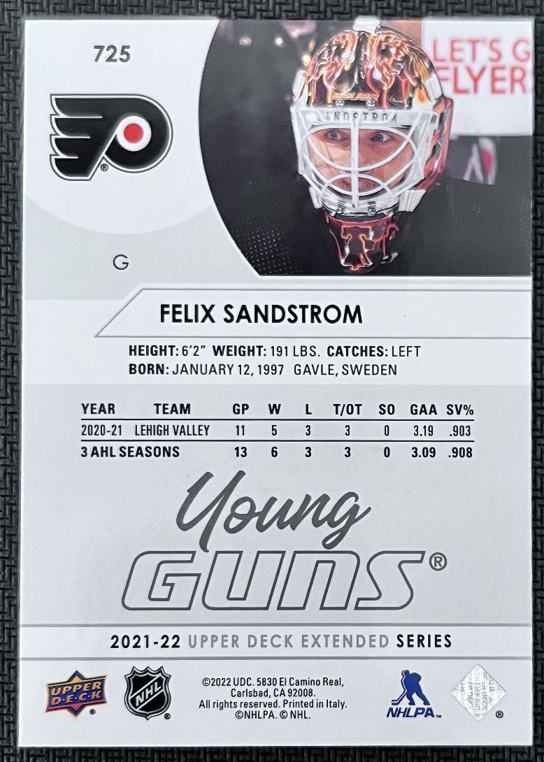 2021-22 Upper Deck Felix Sandstrom Rookie Philadelphia Flyers #725