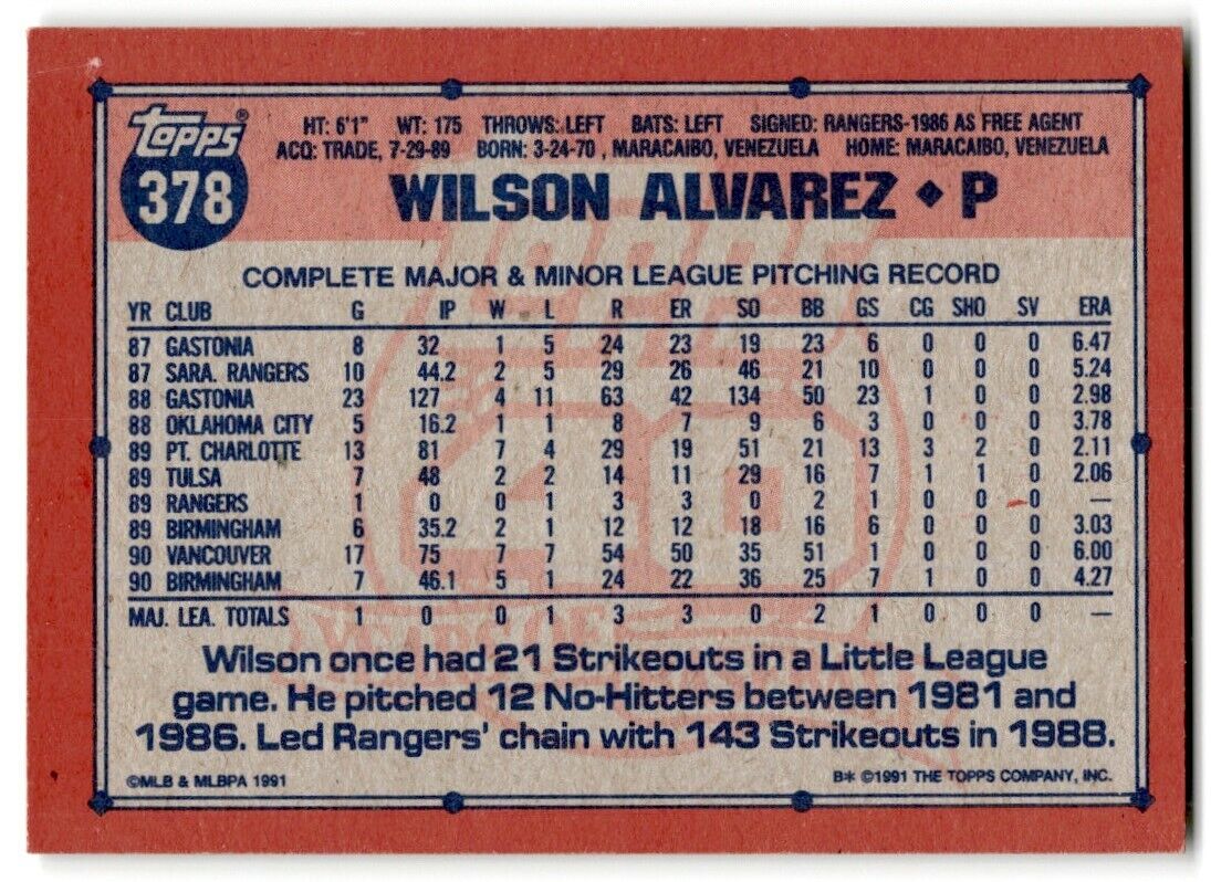 1991 Topps Wilson Alvarez Chicago White Sox #378