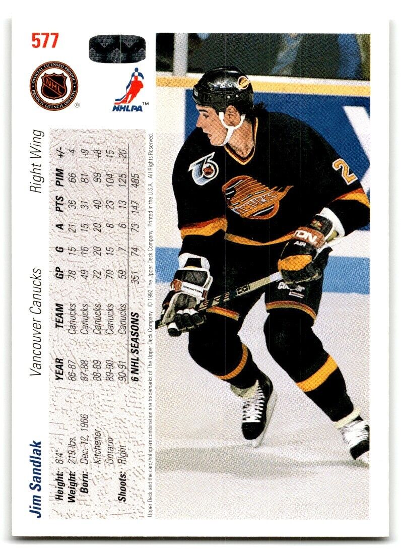 1991-92 Upper Deck Jim Sandlak Vancouver Canucks #577