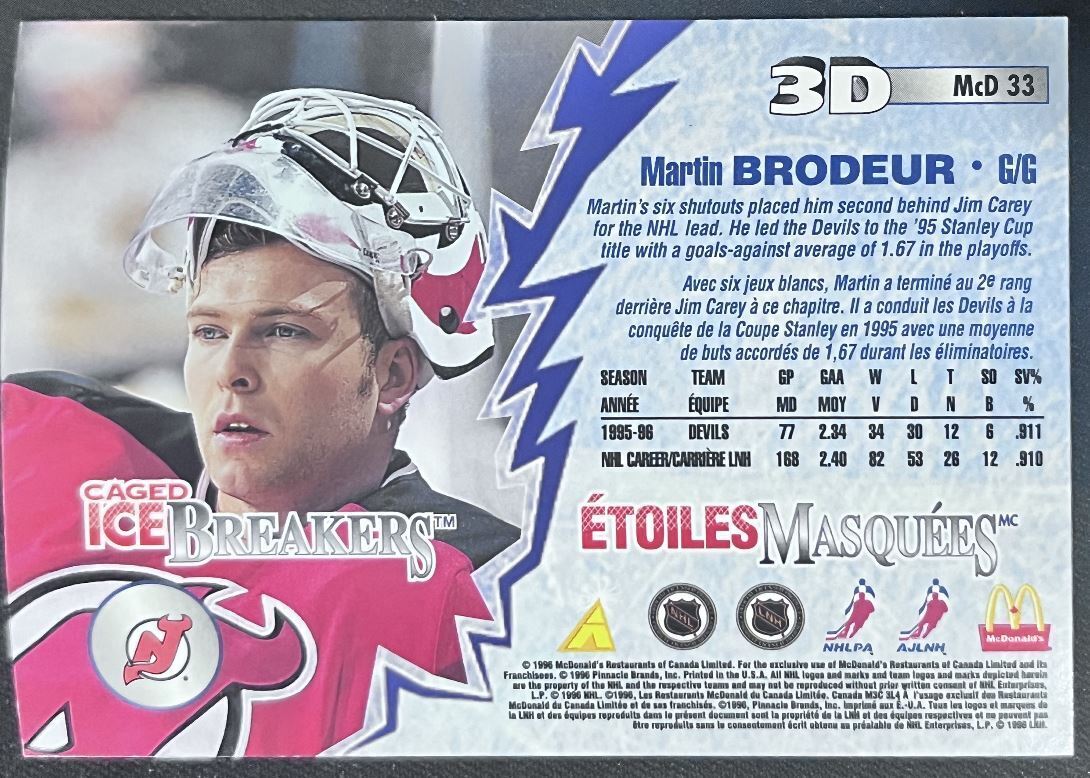 1996-97 Pinnacle McDonald's 3D Ice Breakers Martin Brodeur New Jersey Devils