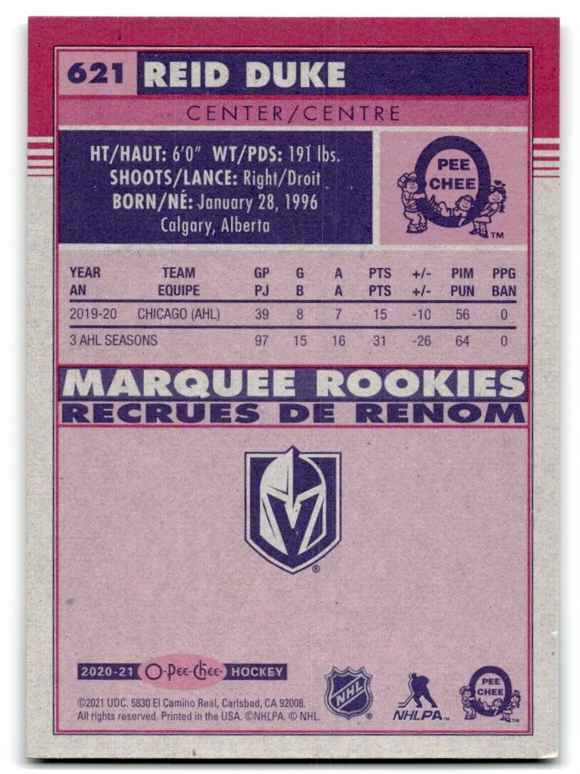 2020-21 O-Pee-Chee Markee Rookies Reid Duke Rookie Vegas Golden Knights #621