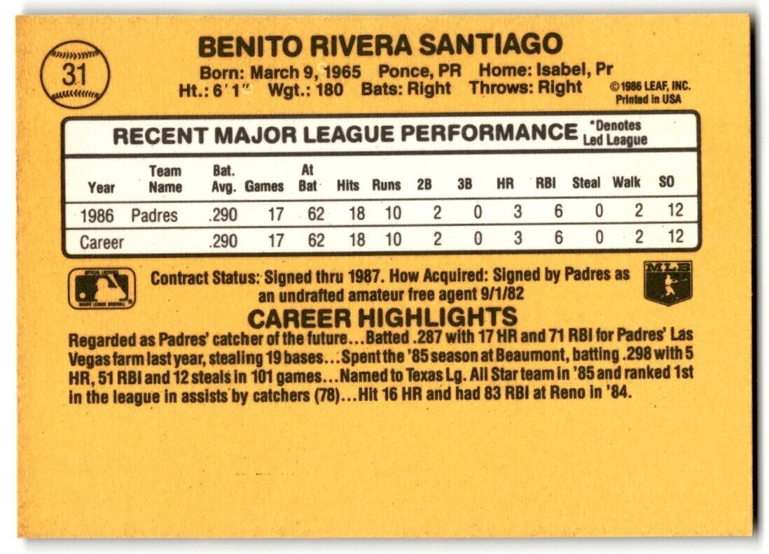 1987 Donruss Benito Santiago Rookie San Diego Padres #31