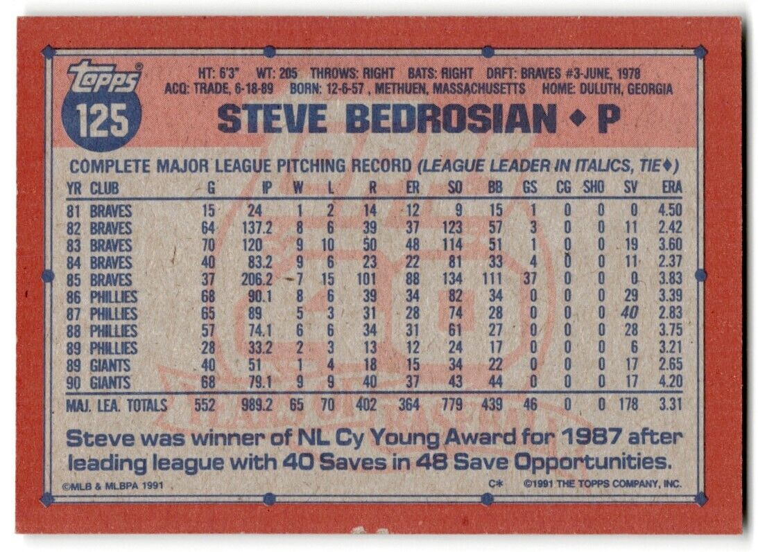 1991 Topps Steve Bedrosian San Francisco Giants #125