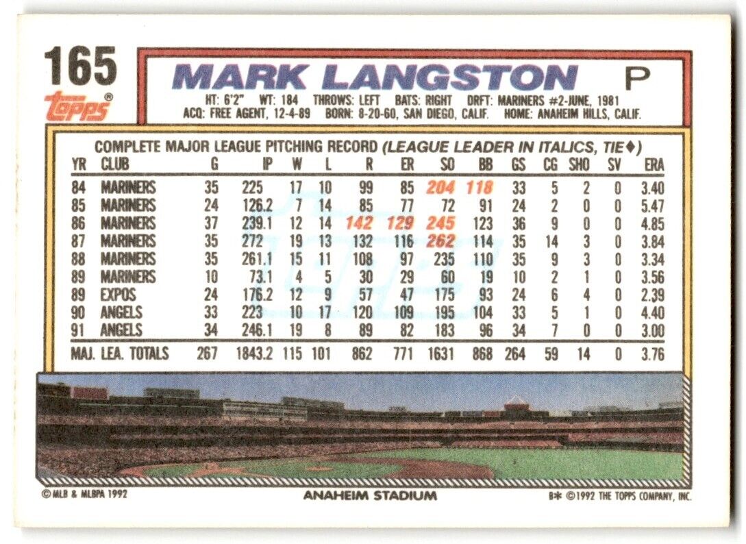 1992 Topps Mark Langston California Angels #165