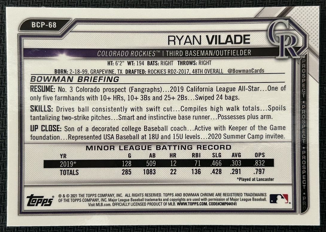 2021 Bowman Chrome Prospects Ryan Vilade Colorado Rockies #BCP-68