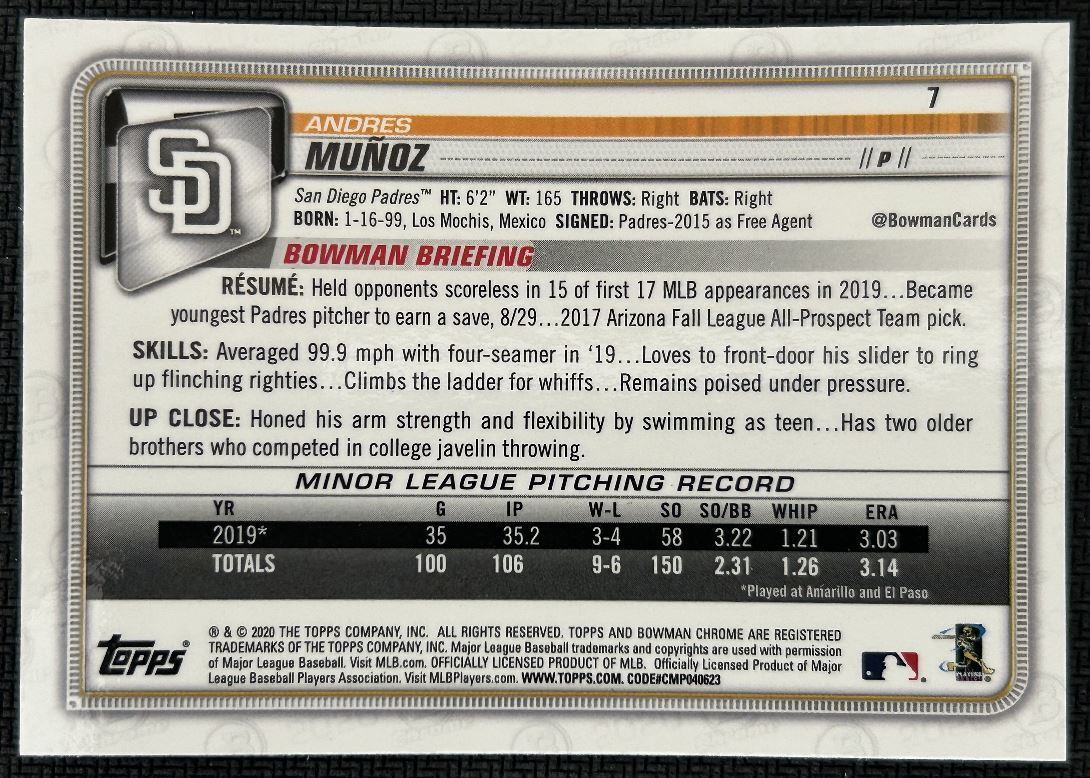 2020 Bowman Chrome Andres Muñoz Rookie San Diego Padres #7