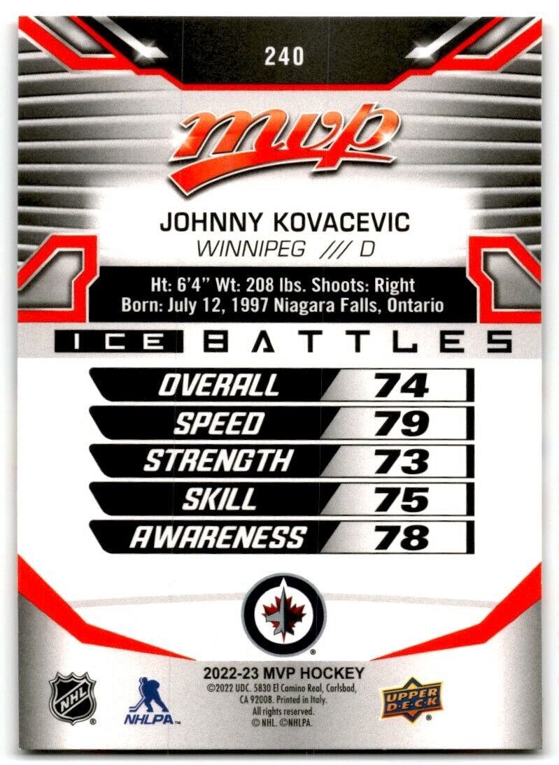 2022-23 Upper Deck MVP Ice Battles Johnny Kovacevic Rookie Winnipeg Jets #240