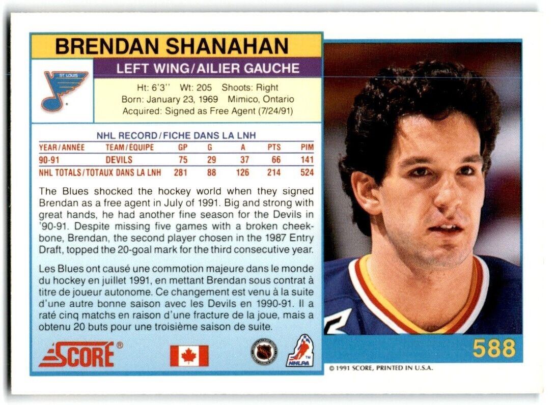 1991-92 Score Canadian English Brendan Shanahan St. Louis Blues #588