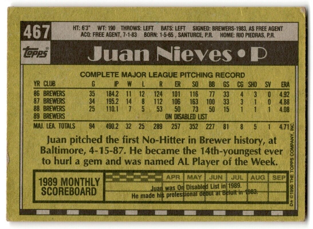 1990 Topps Juan Nieves Milwaukee Brewers #467