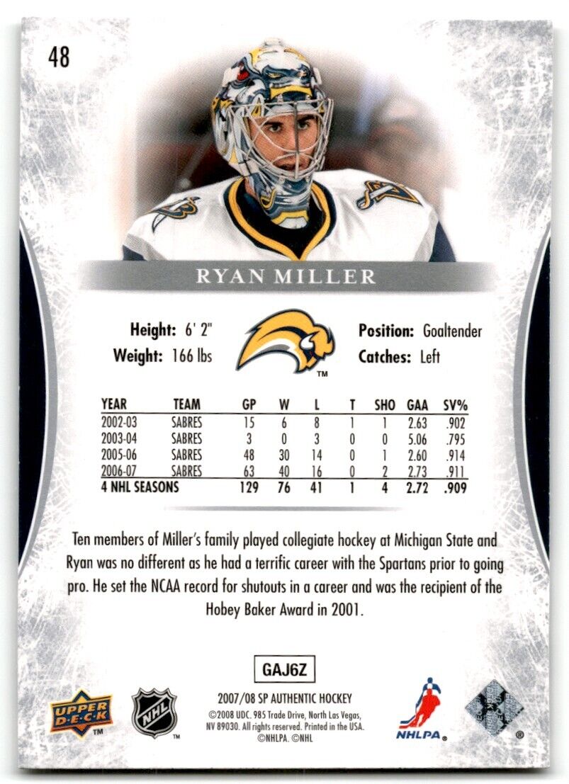 2007-08 SP Authentic Ryan Miller Buffalo Sabres #48